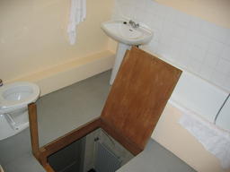 Sebius's favorite room in the Erasmus hotel in Ghent, Belgium, can be accessed only via stairs that lead to its bathroom.